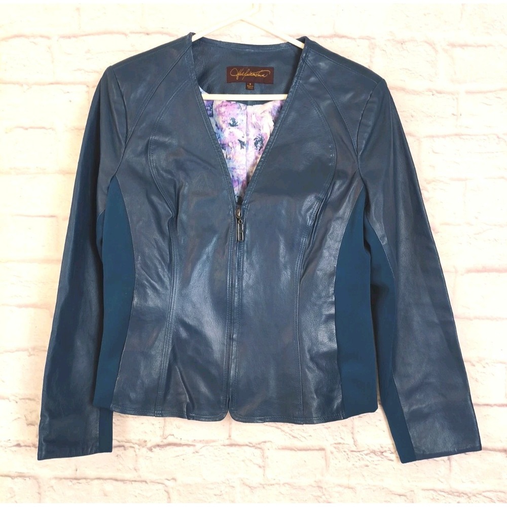 Hal Rubenstein Leather And Fabric Paneled Ladies Jacket Size 8 Aqua Teal Blue